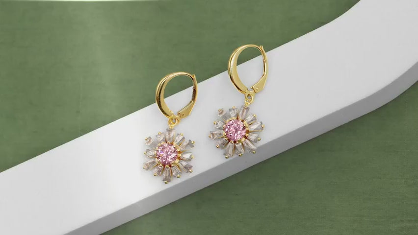 Load video: 925 Sterling Silver 14K Gold Plated Pink Crystals CZ Leverback Drop Dangle Earrings for Women