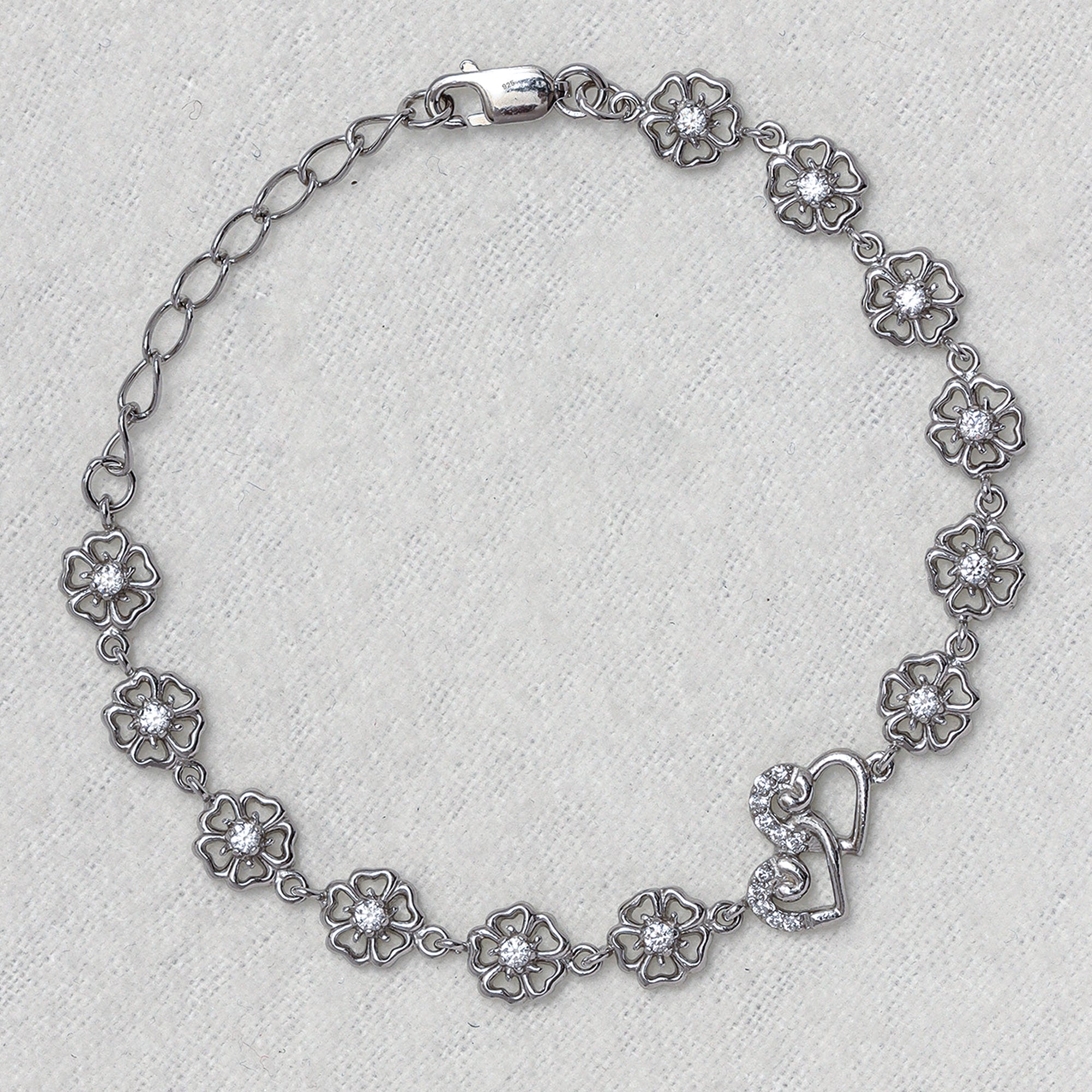 925 Sterling Silver Designer Cz Heart and Flower Style Tennis Bracelet for Women and Girls