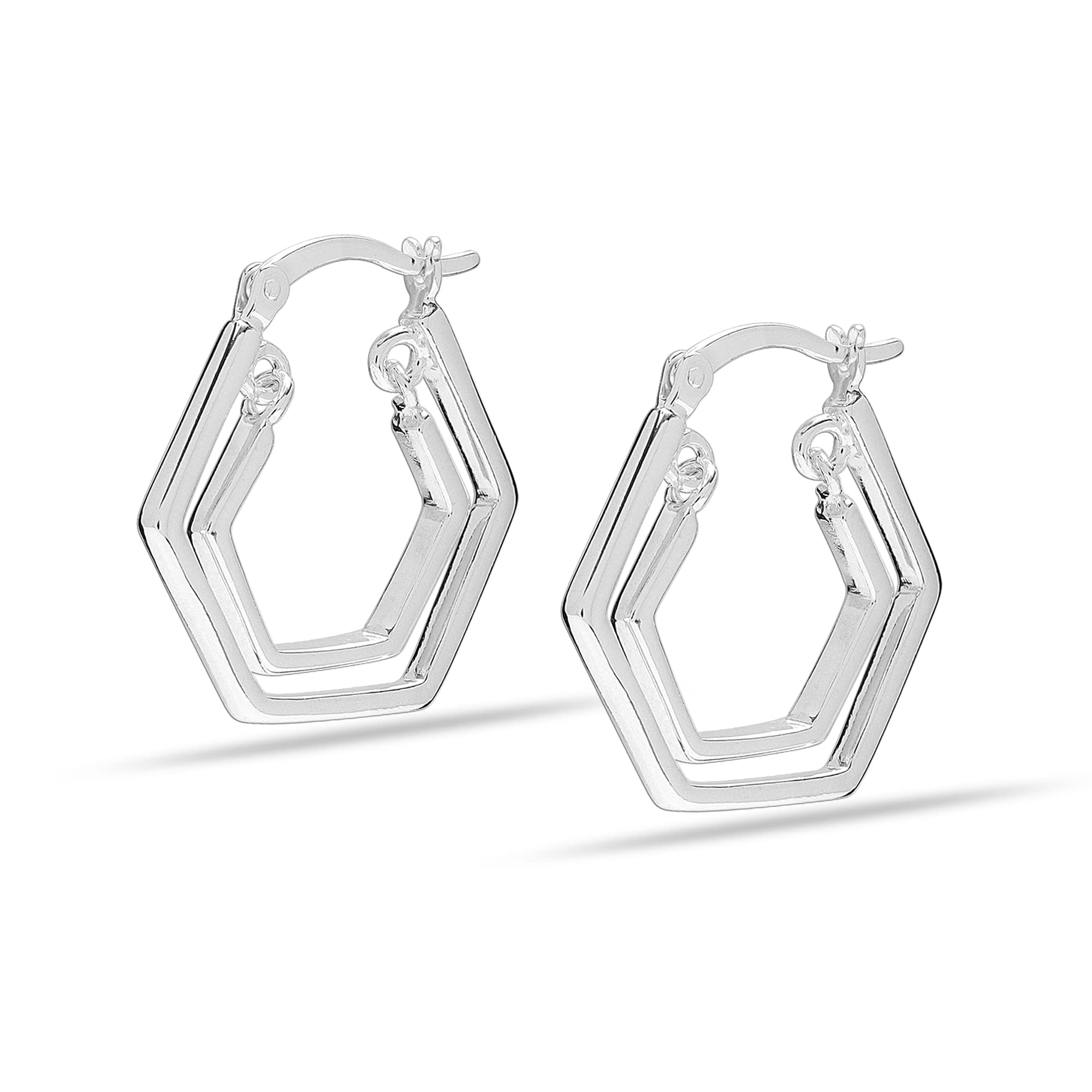 925 Sterling Silver 18K Gold-Plated Double Hexagon Click-Top Hoop Earring for Women Teen