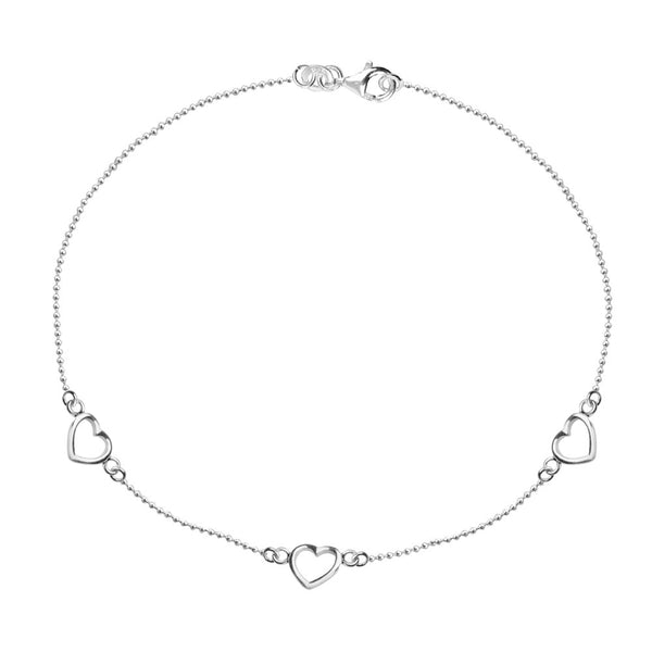 925 Sterling Silver Triple Heart Cut Out Ball Chain Anklet for Women Teen