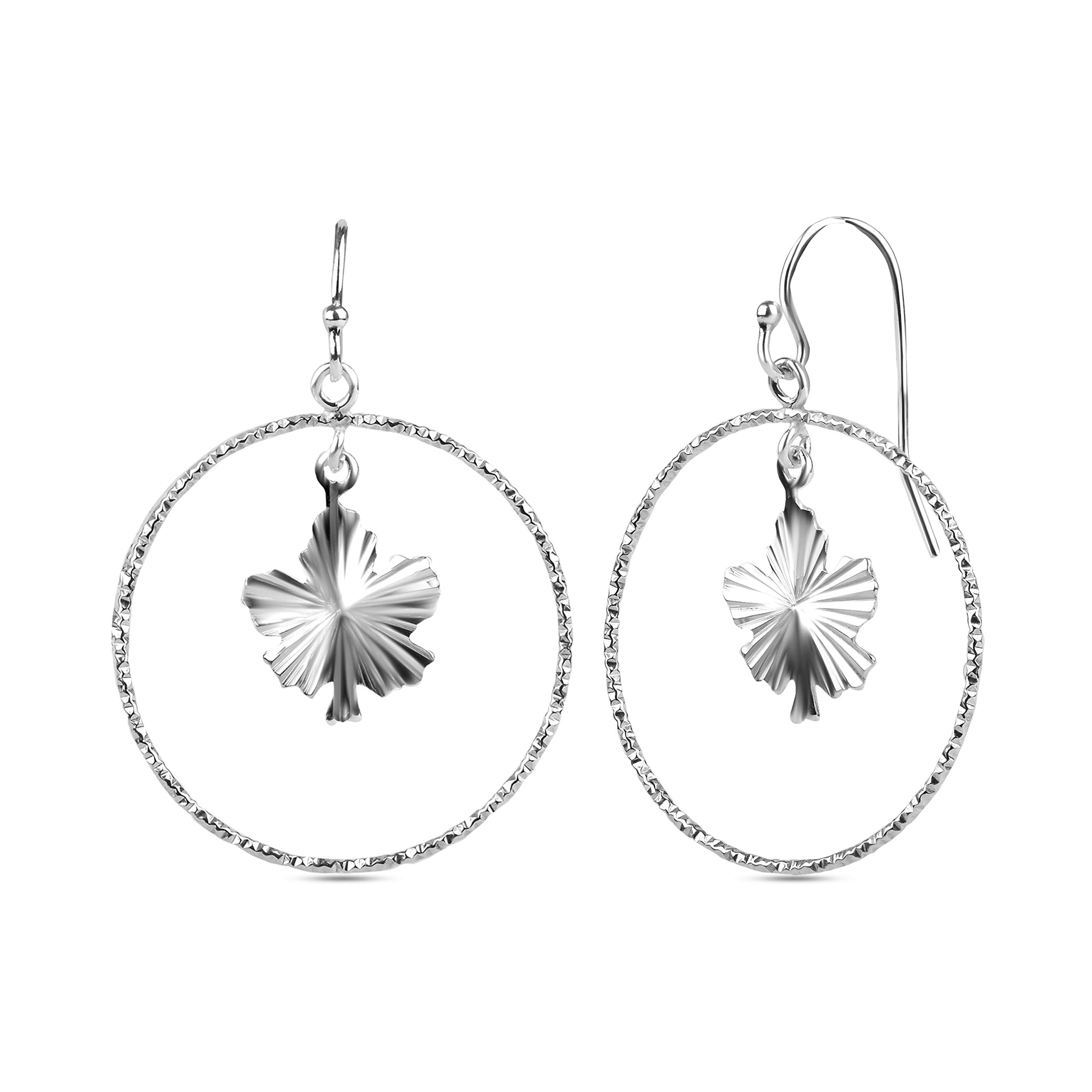 925 Sterling Silver Maple Leaf with Diamond Cut Dangler Earring for Women