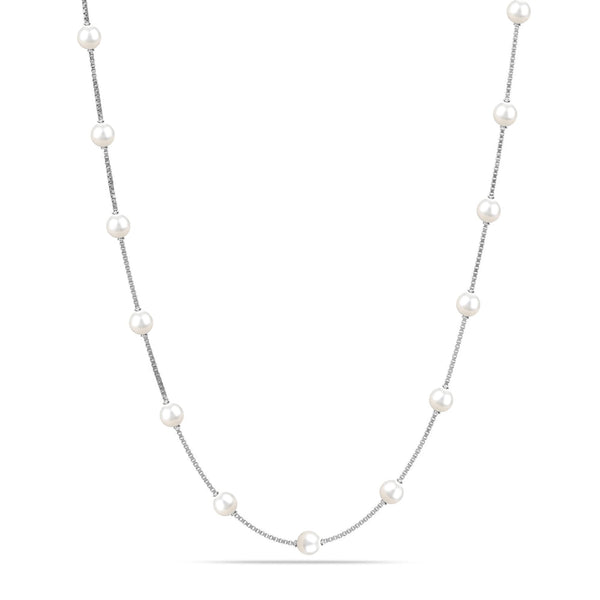 925 Sterling Silver Italian Pearl Station Chain Necklace for Teen and Women