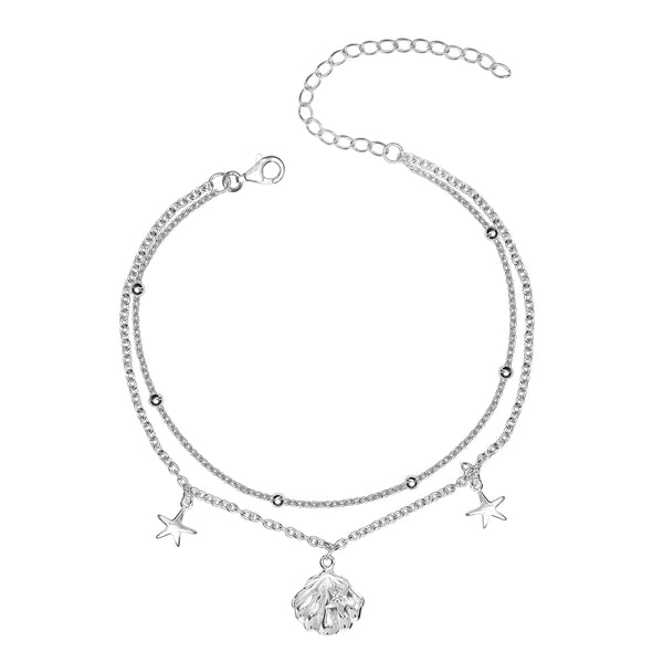 925 Sterling Silver Layered Sea Shell Star Beaded Adjustable Anklets for Teen Women