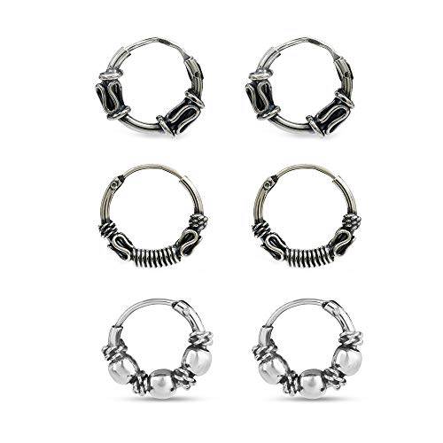 925 Sterling Silver Set of 3 Pair Antique Endless Balinese Small Hoop Earring for Men Women