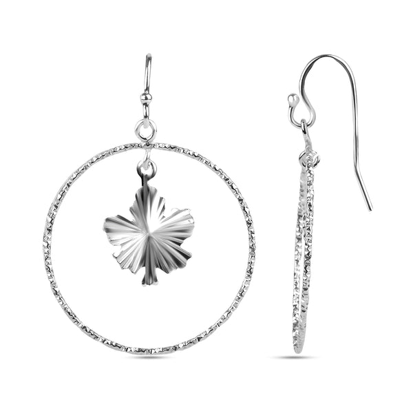 925 Sterling Silver Maple Leaf with Diamond Cut Dangler Earring for Women