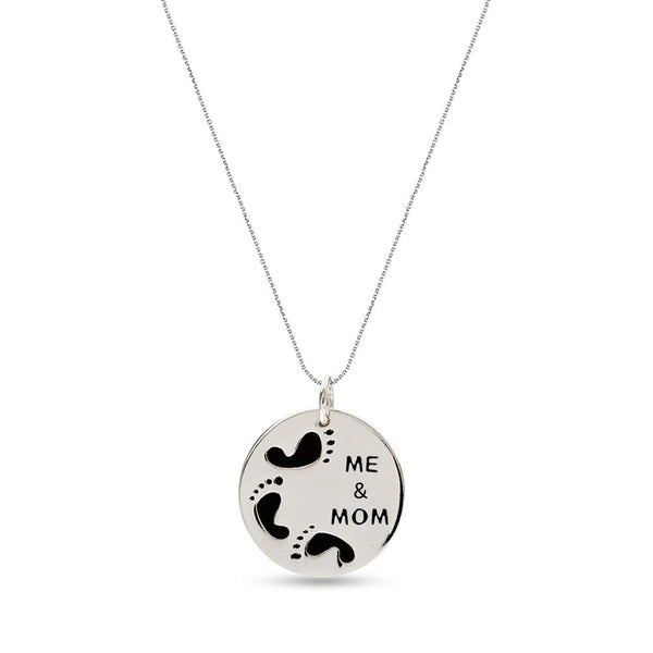 925 Sterling Silver Round Disc with Foot Print Me and Mom Engraved Pendant with Cable Chain for Women