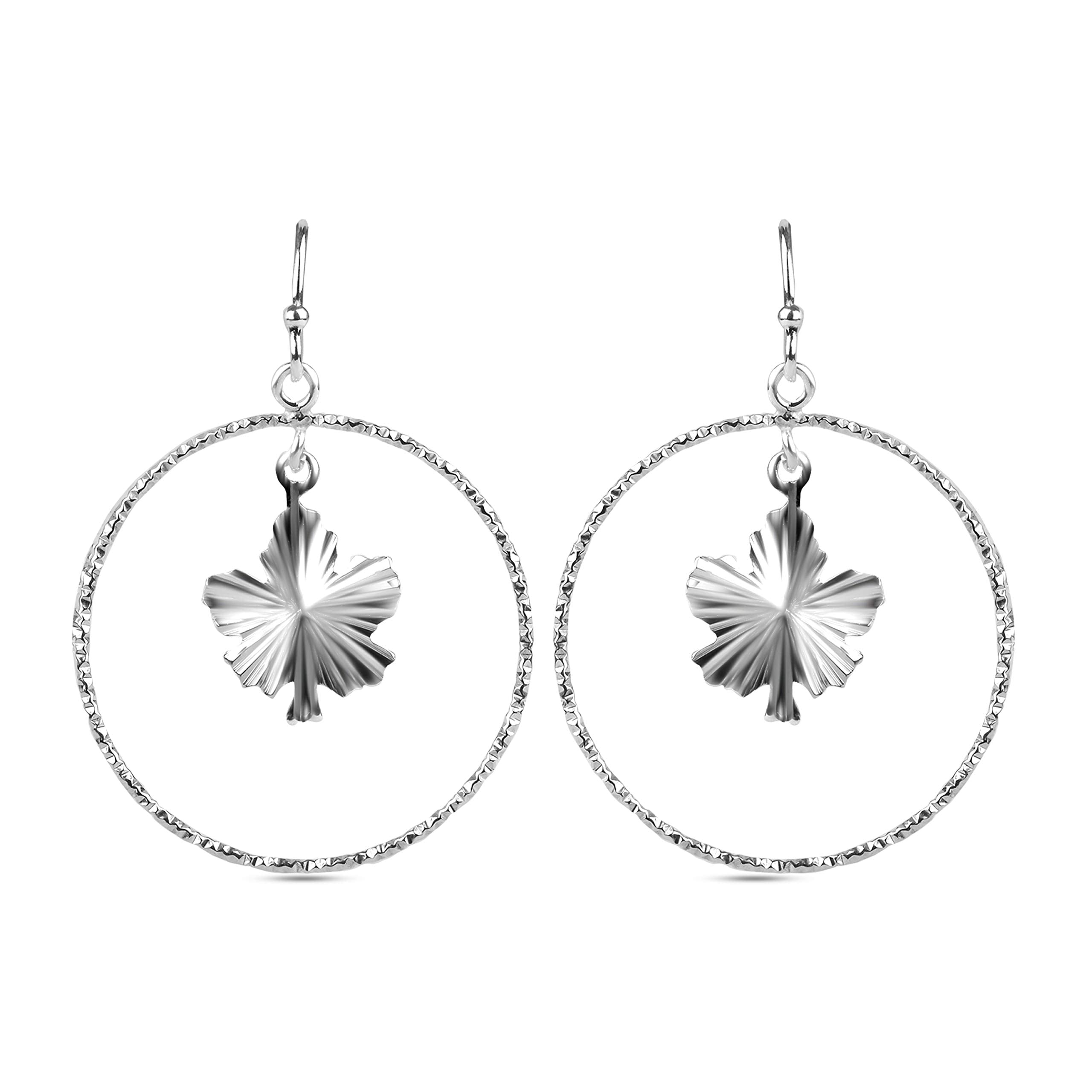 925 Sterling Silver Maple Leaf with Diamond Cut Dangler Earring for Women