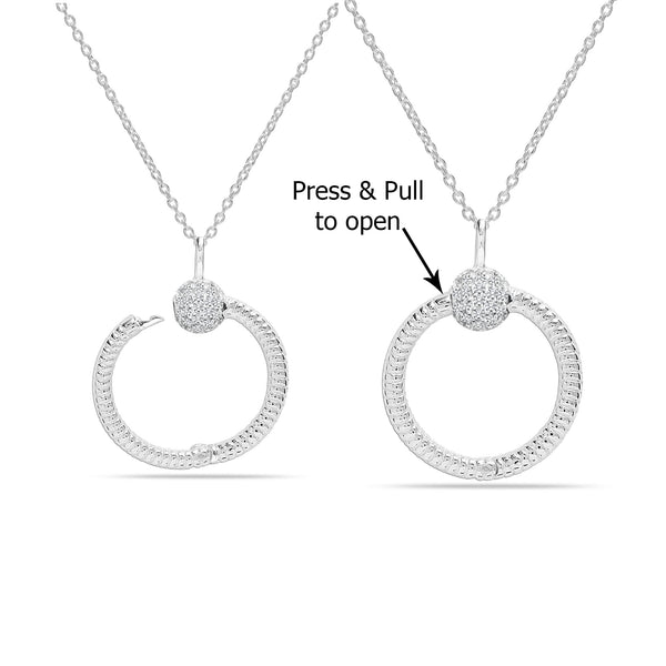 925 Sterling Silver Cubic Zirconia Texture O Charm Pendant Necklace for Women Teen