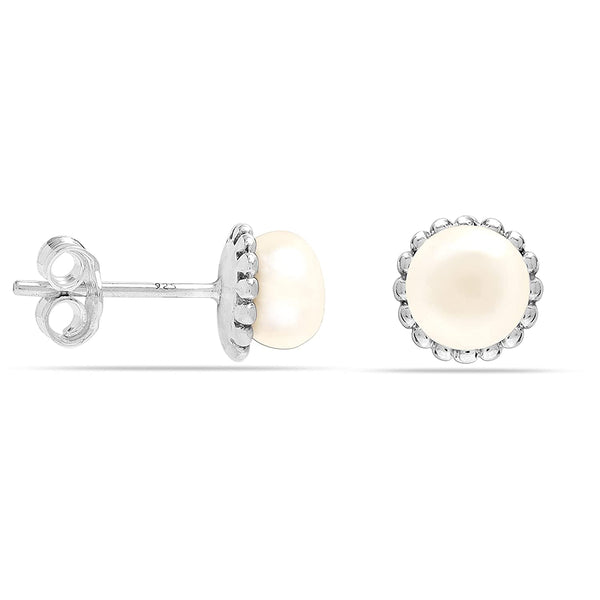 925 Sterling Silver Antique Simulated Pearl Stud Earring for Women and Teen