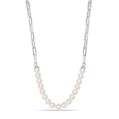 925 Sterling Silver Paperclip Link Pearl Necklace for Women and Girls