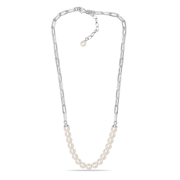 925 Sterling Silver Paperclip Link Pearl Necklace for Women and Girls