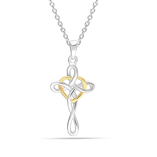 925 Sterling Silver Two-Tone Celtic Knot Cross Infinity Heart Love Pendant Necklace for Teen Women 18