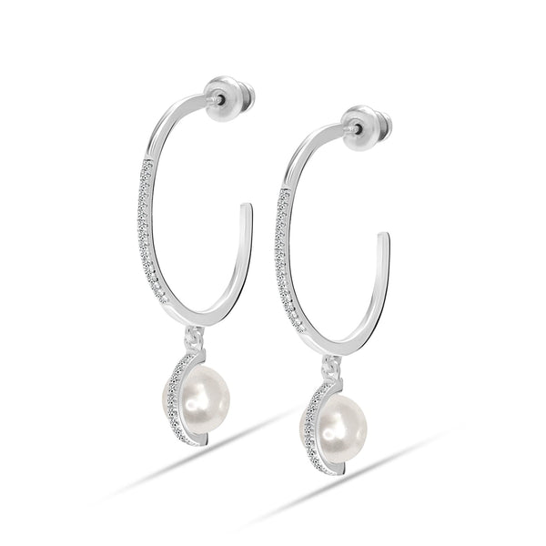 925 Sterling Silver Pearl Drop White Gold Hypoallergenic Hoop Earring for Women
