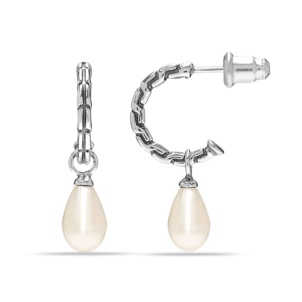925 Sterling Silver Oval Pearl Antique C Hoop Earring for Women