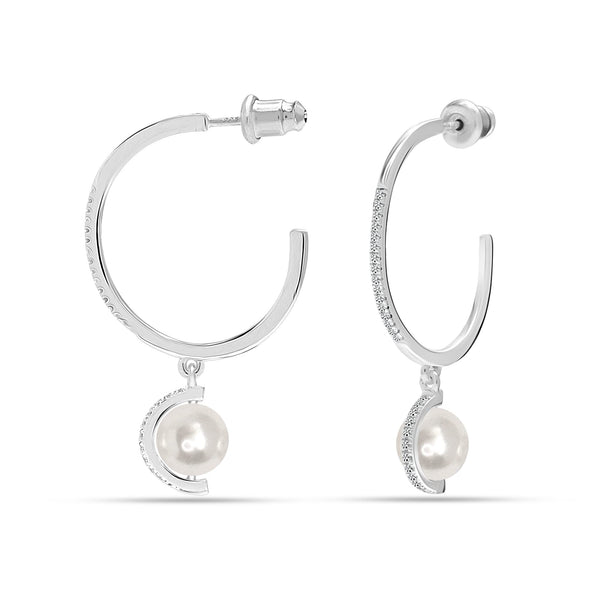 925 Sterling Silver Pearl Drop White Gold Hypoallergenic Hoop Earring for Women