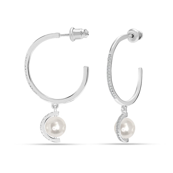 925 Sterling Silver Pearl Drop White Gold Hypoallergenic Hoop Earring for Women