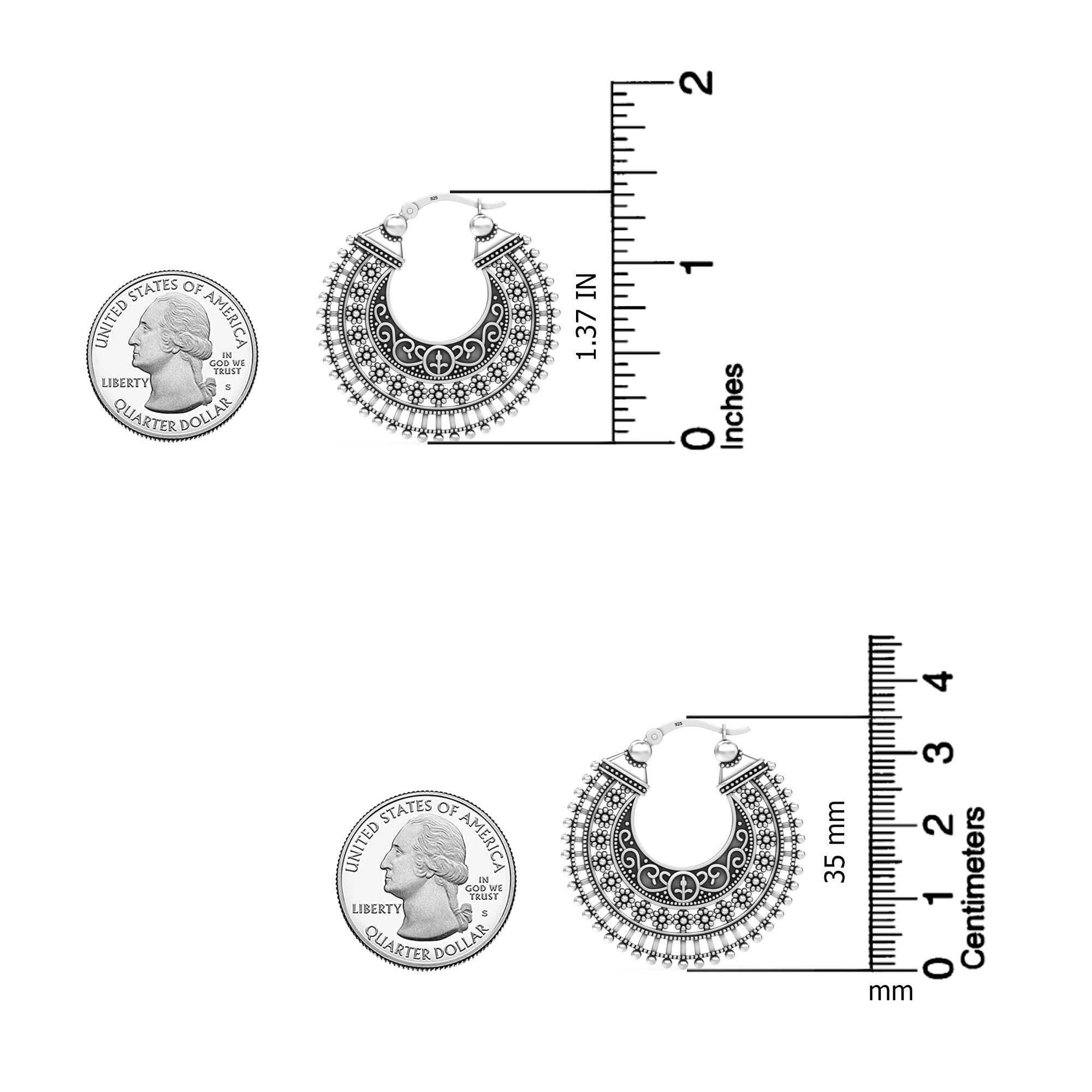925 Sterling Silver Double Sided Filigree-Cut Hoops Earring for Women Teen