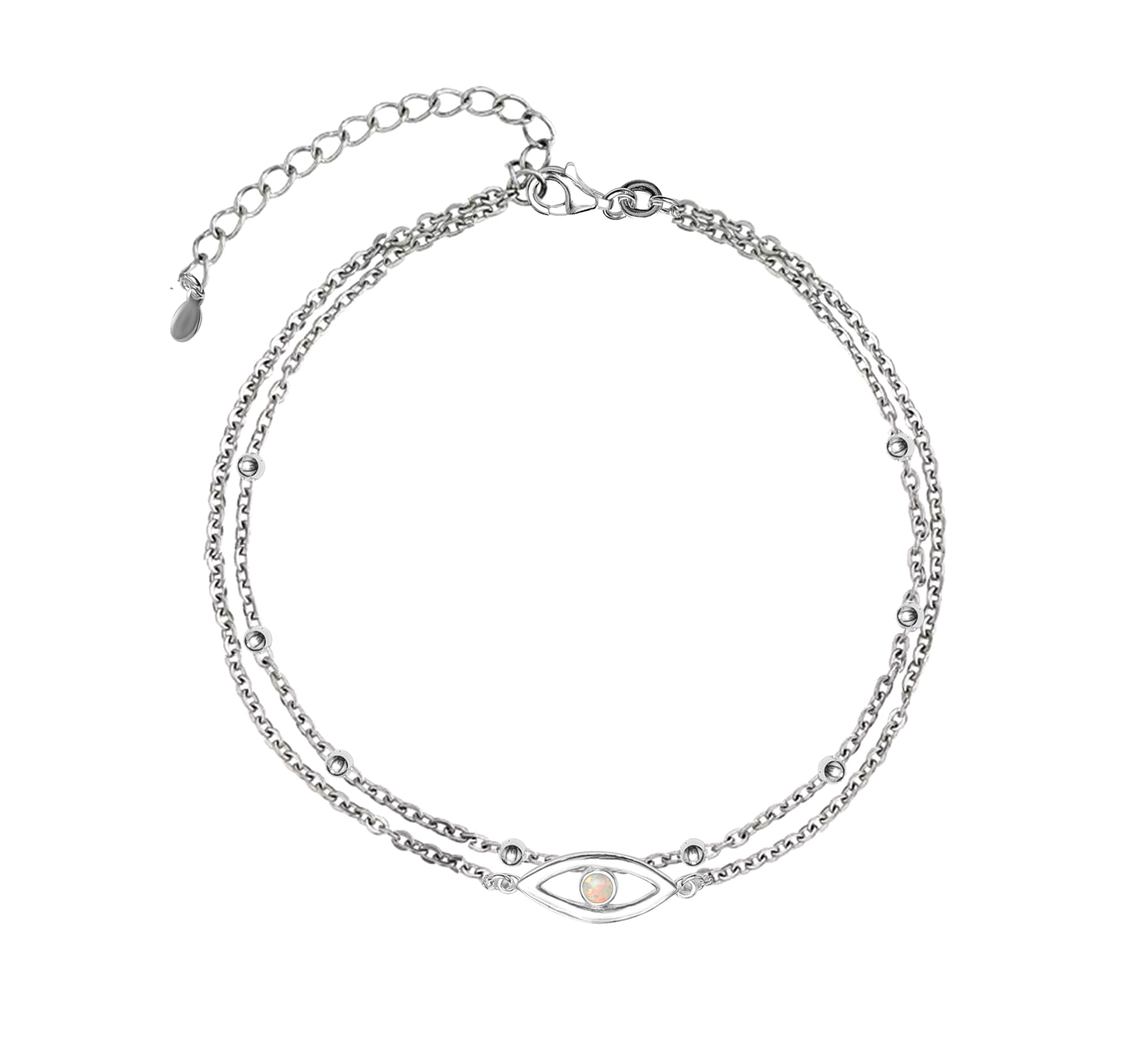 925 Sterling Silver Created Opal Layered Evil Eye Beaded Adjustable Anklet for Teen Women