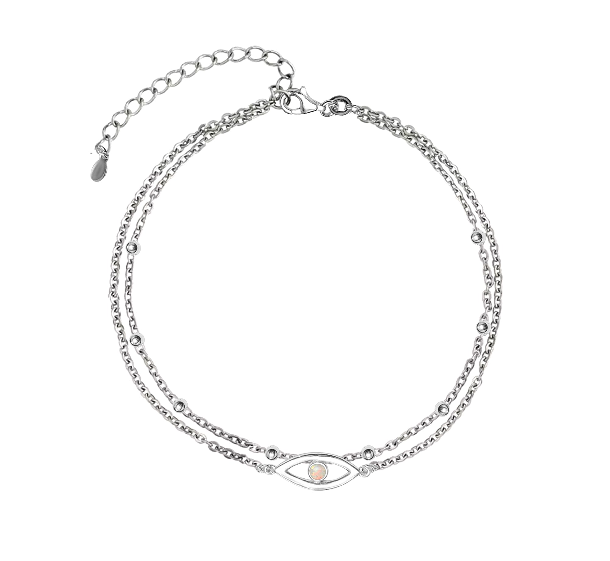925 Sterling Silver Created Opal Layered Evil Eye Beaded Adjustable Anklet for Teen Women (SINGLE ANKLET)
