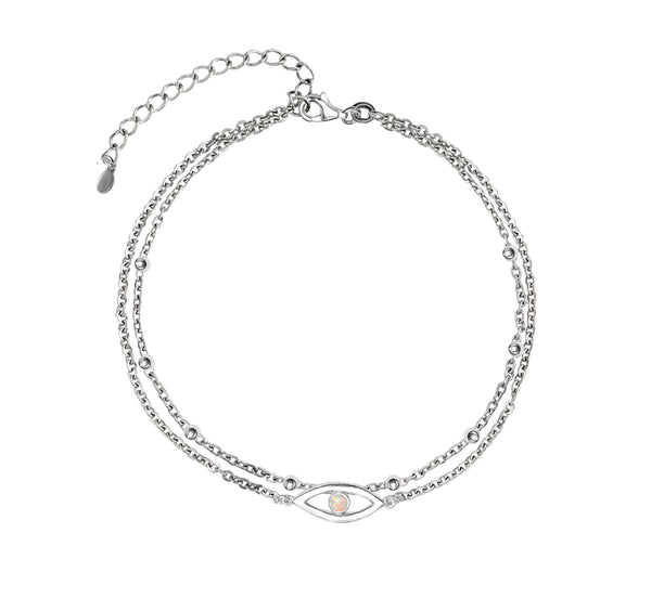 925 Sterling Silver Created Opal Layered Evil Eye Beaded Adjustable Anklet for Teen Women 1 PC