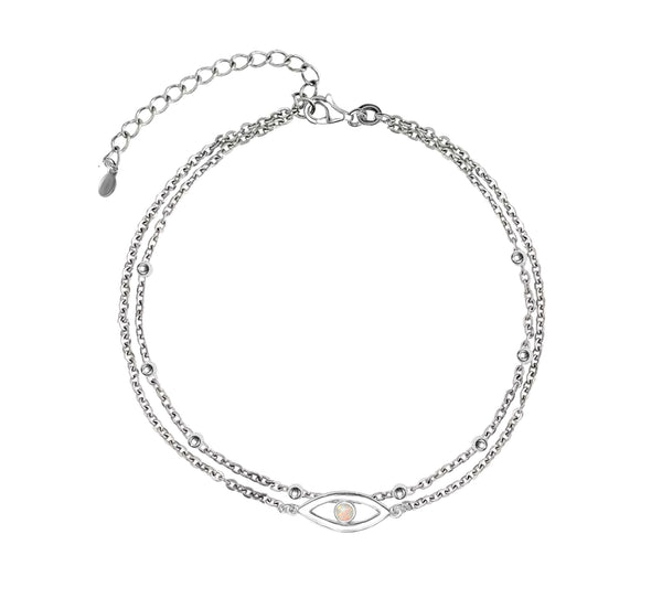 925 Sterling Silver Created Opal Layered Evil Eye Beaded Adjustable Anklet for Teen Women