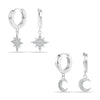 925 Sterling Silver 2 Pairs Moon Star Dangle Hoop Earring CZ Drop Huggie Earring Set for Women