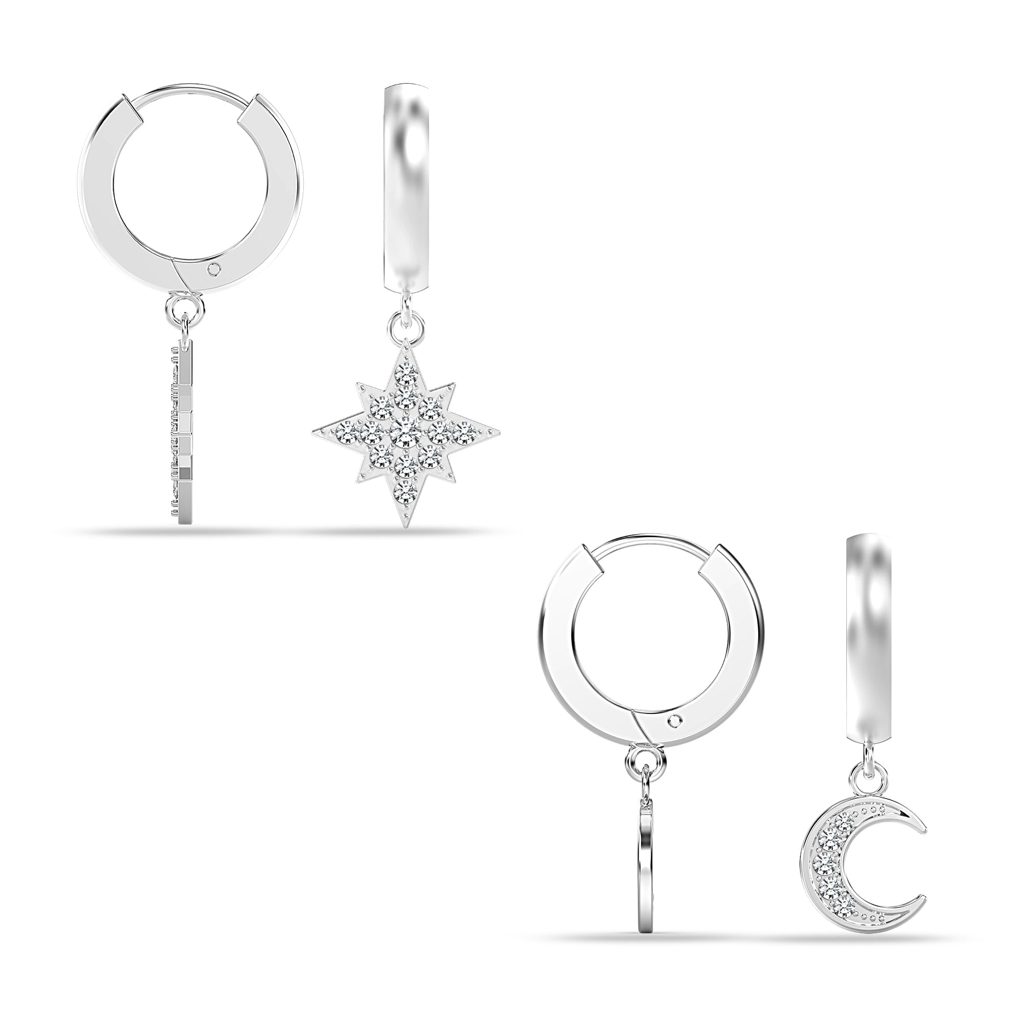 925 Sterling Silver 2 Pairs Moon Star Dangle Hoop Earring CZ Drop Huggie Earring Set for Women