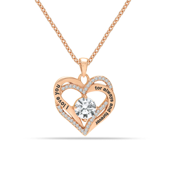 925 Sterling Silver Rose Gold-Plated I Love You Always and Forever CZ Heart Pendant Necklace for Teen Women