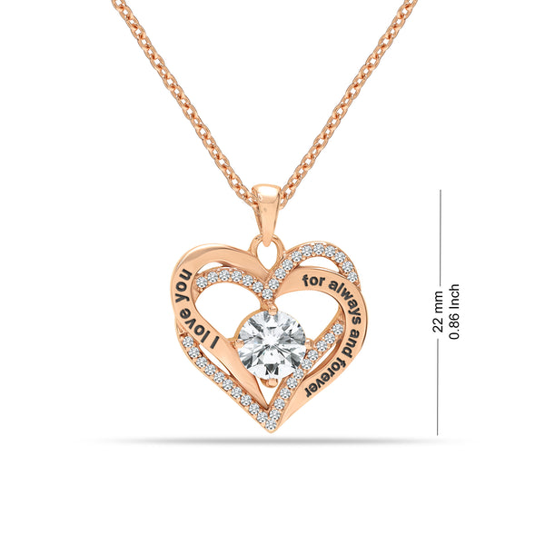 925 Sterling Silver Rose Gold-Plated I Love You Always and Forever CZ Heart Pendant Necklace for Teen Women