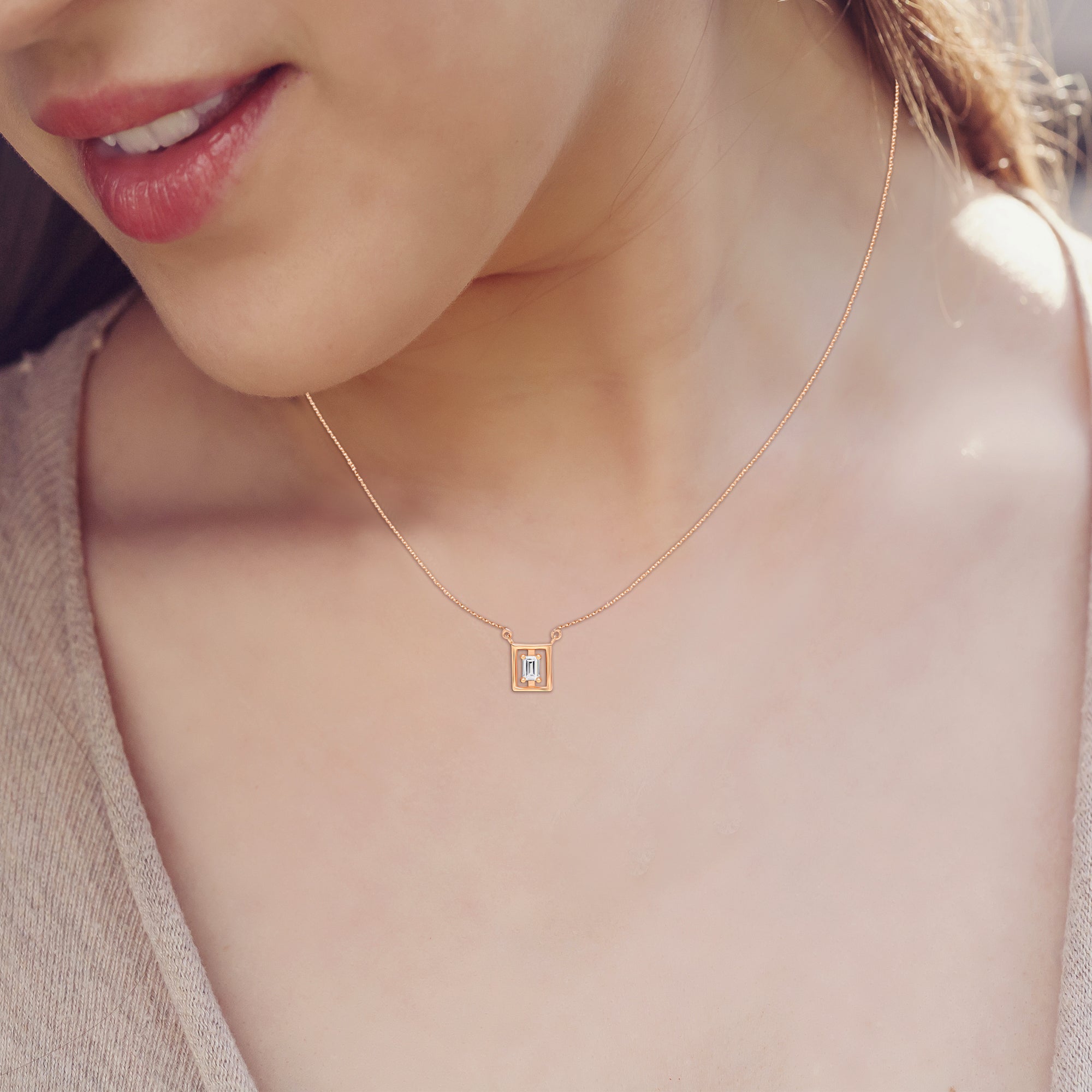925 Sterling Silver Rose Gold-Plated Square CZ Pendant Necklace for Teen Women