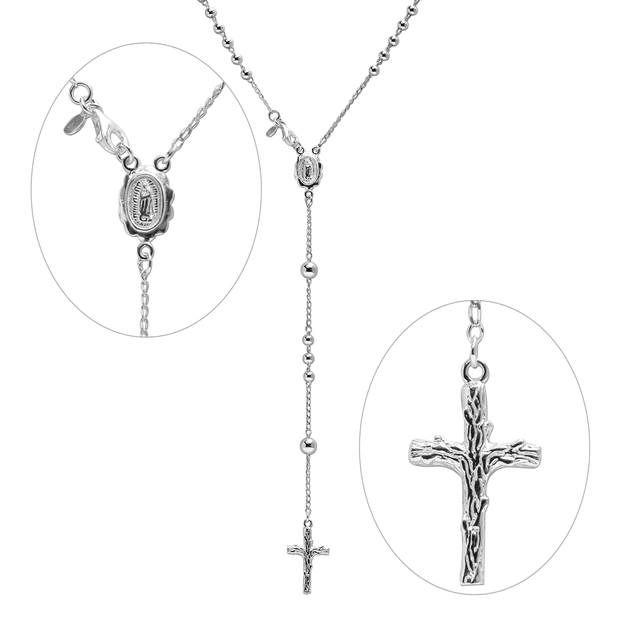 LeCalla Links 925 Sterling Silver 20 Inches Italian Rosary Bead Cross Y Chain Necklace for Women and Men 