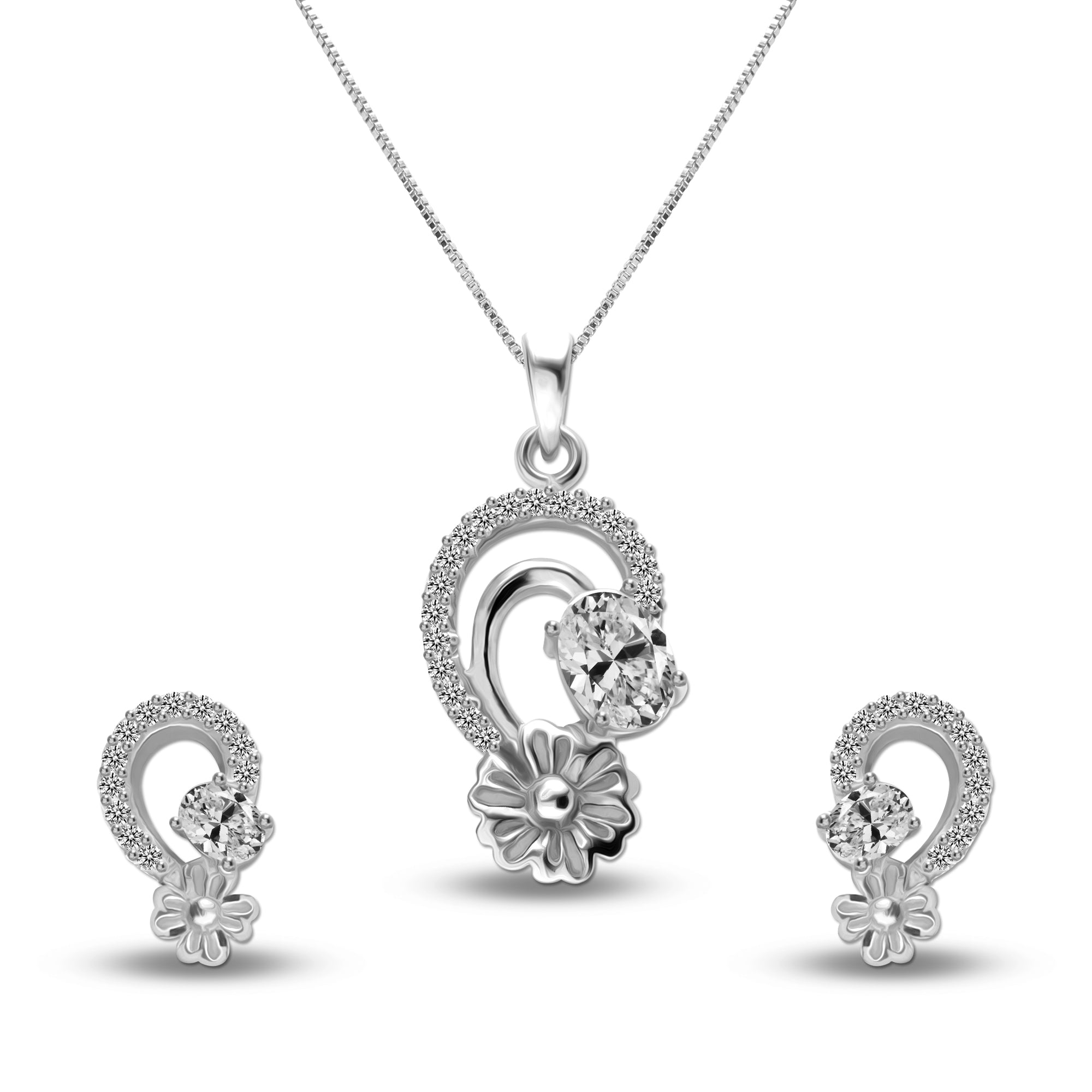 925 Sterling Silver Jewellery Floral Studded Necklace Set for Women